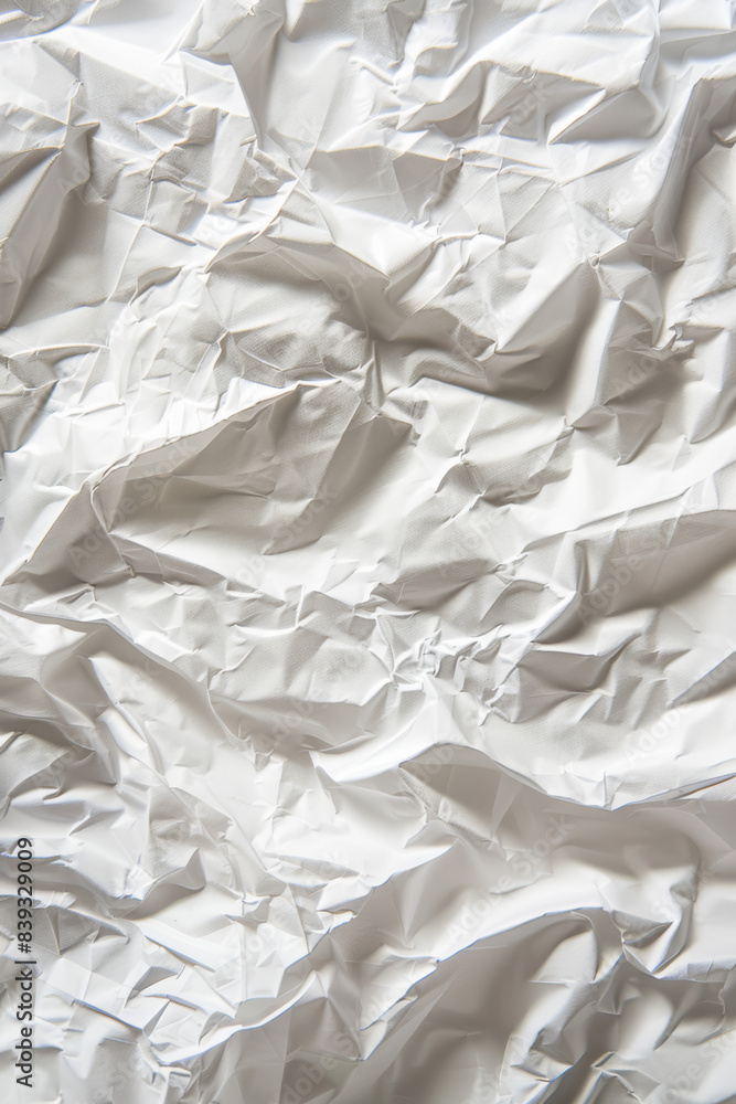 Poster close-up of textured crumpled white paper background creating abstract and artistic pattern.