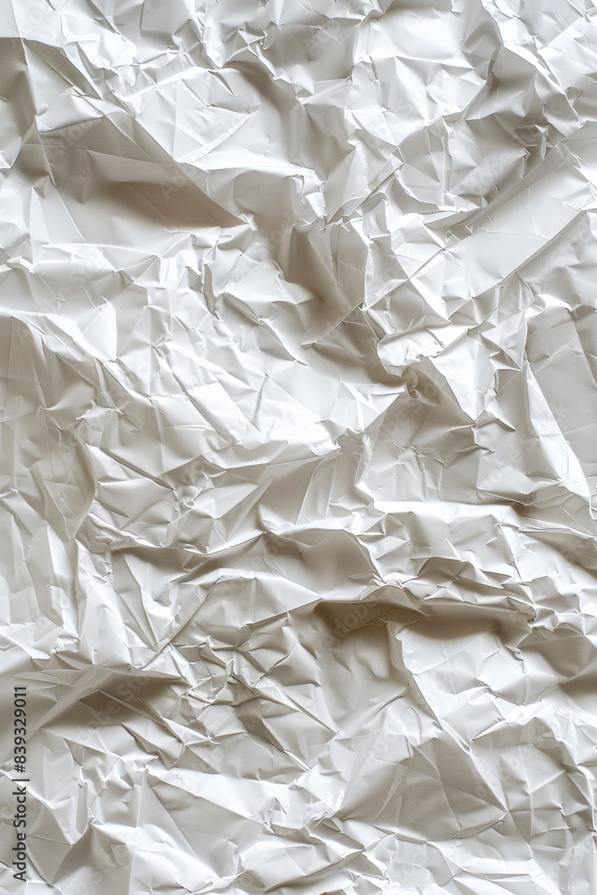 Poster a close-up view of crumpled white paper with intricate folds and creases. ideal for texture backgrou