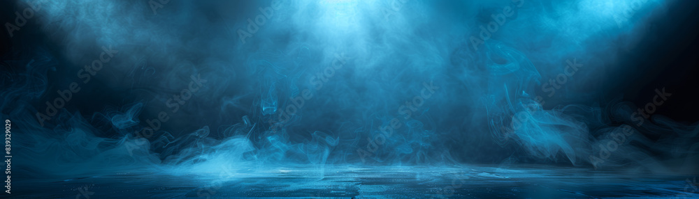 Poster mysterious blue fog background with soft, swirling smoke creating an atmospheric and mystical scene.