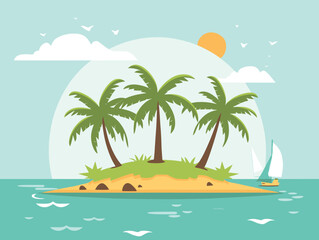 Tropical island palm trees serene ocean sailboat sunny day vacation concept. Peaceful island oasis sailing adventure travel relaxation exotic destination. Cartoon style tropical beach sail ocean