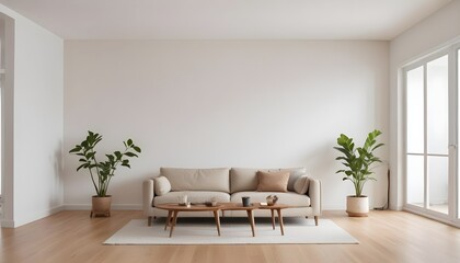 Fototapeta premium The frame mockup and living room wall mockup are bright tones with a leather sofa and armchair. 3D render