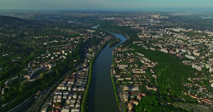 Aerial view of suburb of the French city of Lyon view of the river. France 
