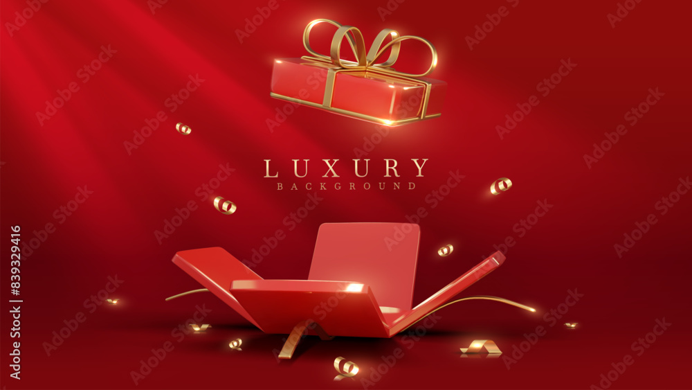 Wall mural elegant red background featuring an open gift box with golden ribbons and a floating present, perfec