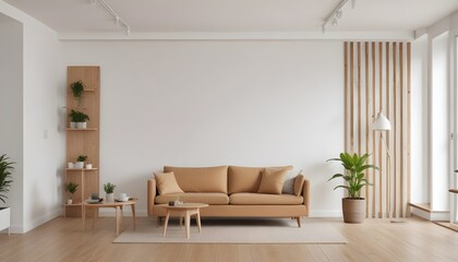 Fototapeta premium The frame mockup and living room wall mockup are bright tones with a leather sofa and armchair. 3D render