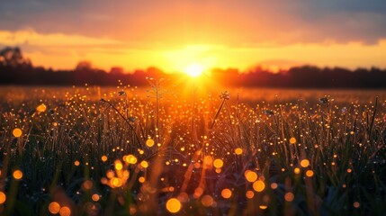 Sunrise Over Fields: Capture the tranquility of a sunrise over fields with golden light, dewy grass, and peaceful scenery, suitable for nature blogs