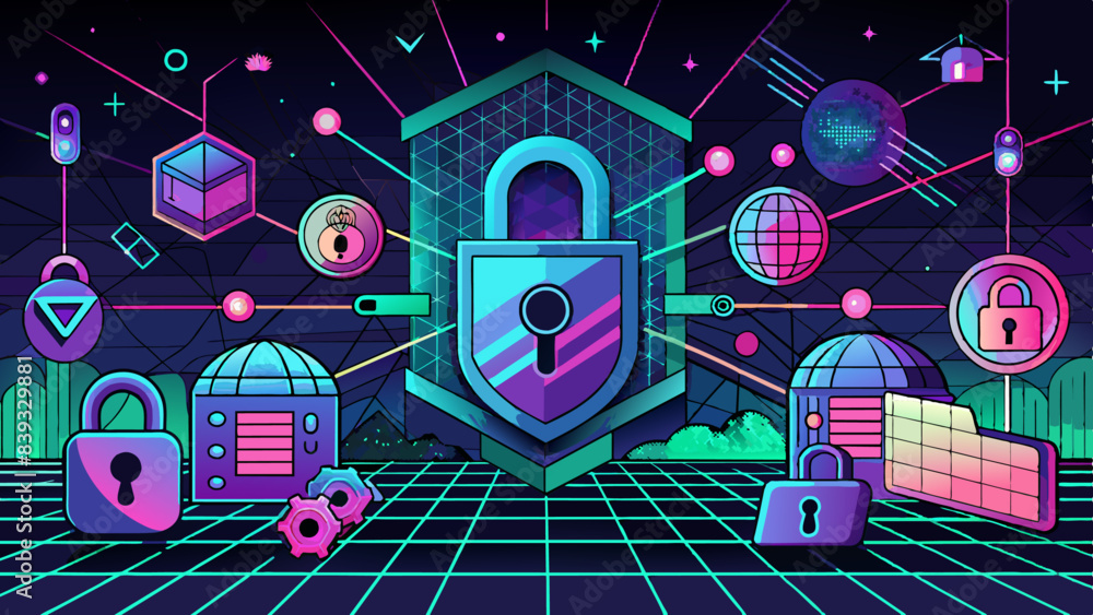 Poster unlocking the visual potential of cybersecurity with neon themed locks and grids