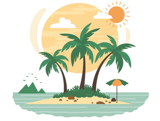 Tropical island illustration featuring palm trees, sun, beach umbrella, sea. Flat graphic style depicts serene holiday destination. Perfect artwork vacationthemed design