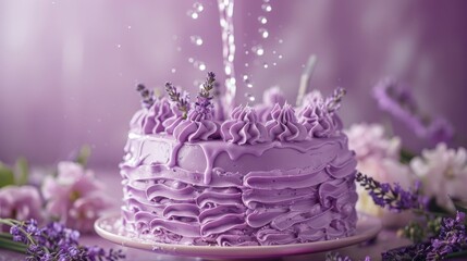 A lavender birthday cake with intricate piping, in front of a vibrant lavender background being poured to create a luxurious and calming ambiance.