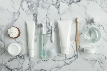 Flat Lay of Dental Hygiene Products on Marble Surface for Bathroom Design and Dental Care