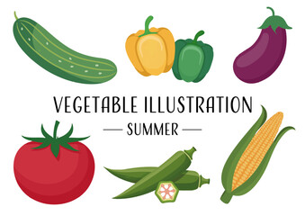 フラットデザインの夏野菜のイラスト組み合わせ