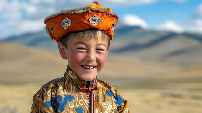 Portrait of a young boy with a bright smile, wearing a traditional Mongolian deel, against the vast backdrop of the Mongolian steppes