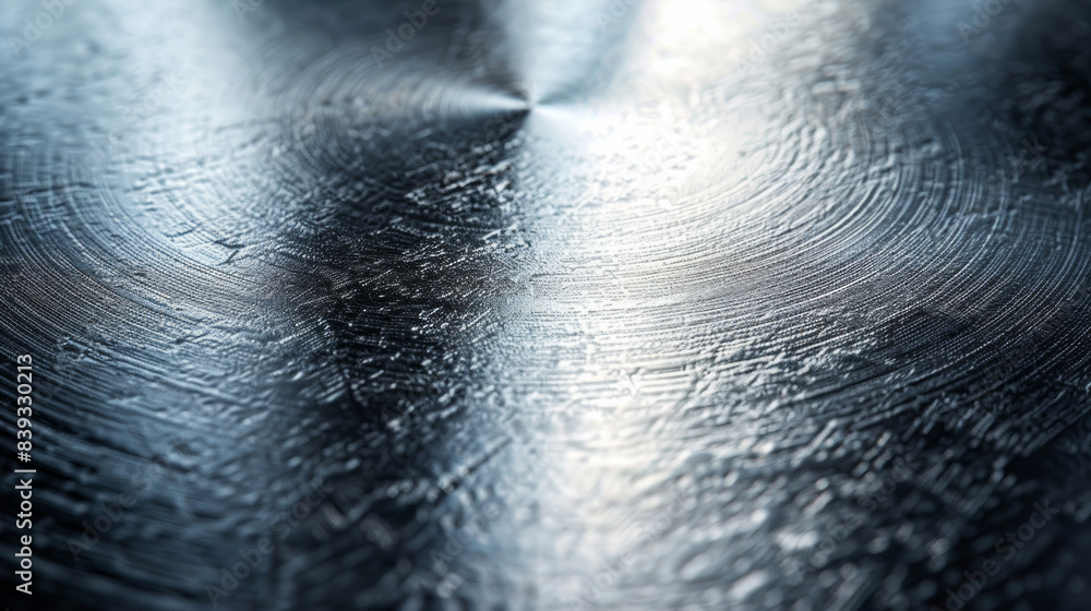 Poster a close-up image of a polished metal surface with circular patterns and texture highlighted by soft 