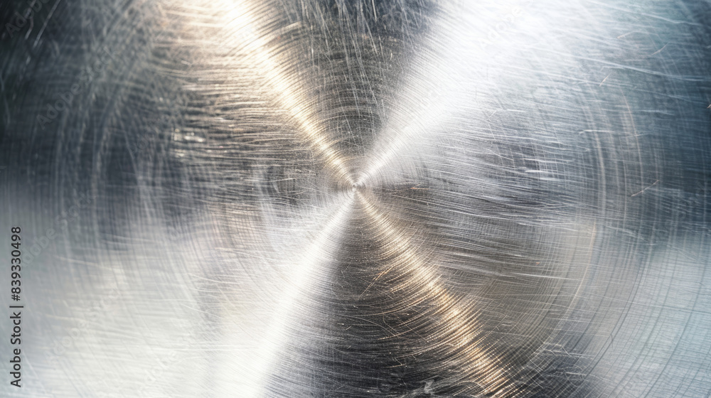 Poster close-up of a metal surface with radial scratches creating a textured, metallic pattern. ideal for b