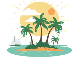 Fototapeta premium Tropical island palm trees under large sun, sailboat floating calm sea, serene vacation spot. Flat design, minimalist style, ocean getaway, sunlit tropical escape. Vibrant colors, tranquil beach