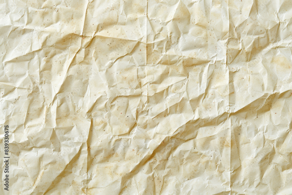 Poster crumpled sheet of cream-colored paper with textured wrinkles and creases, creating a distressed and 