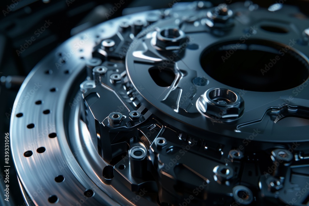 Poster close-up of precision engineering in a high-resolution image of a car's brake caliper and rotor