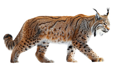 Obraz premium A Eurasian Lynx walks across a white background