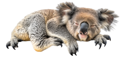 A koala bear sleeping soundly on a white background