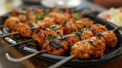 A platter of flavorful chicken tikka skewers, marinated in yogurt and spices, grilled to perfection...