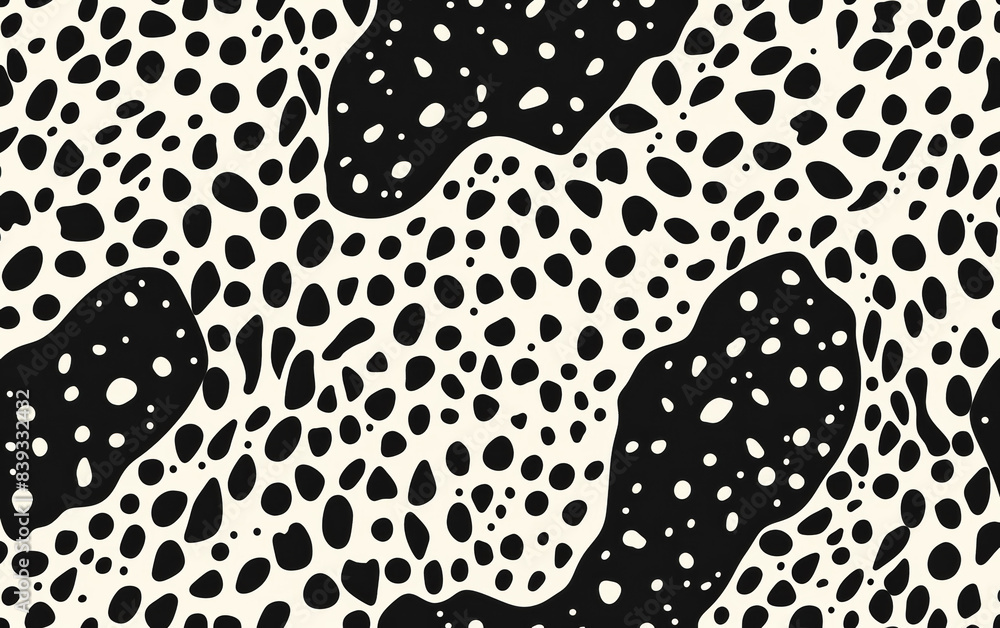 Poster Abstract black and white dalmatian pattern with irregular shapes and dots.   background for textile, wrapping paper, and design projects.
