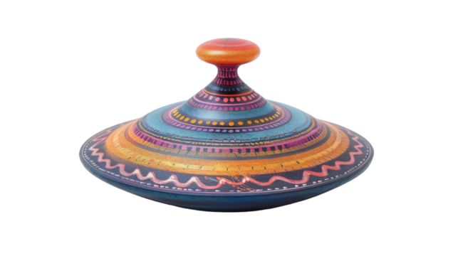 A brightly colored, hand-painted wooden bowl with a lid - Powered by Adobe
