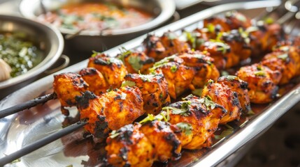 A platter of flavorful chicken tikka skewers, marinated in yogurt and spices, grilled to perfection...