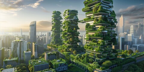 Obraz premium Future green city with skyscrapers interspersed with vertical gardens and green energy facilities 