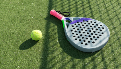 Paddle tennis racket, ball and net on the grass 