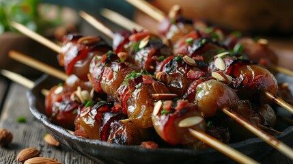 Bacon wrapped dates with almonds, food photography, 16:9