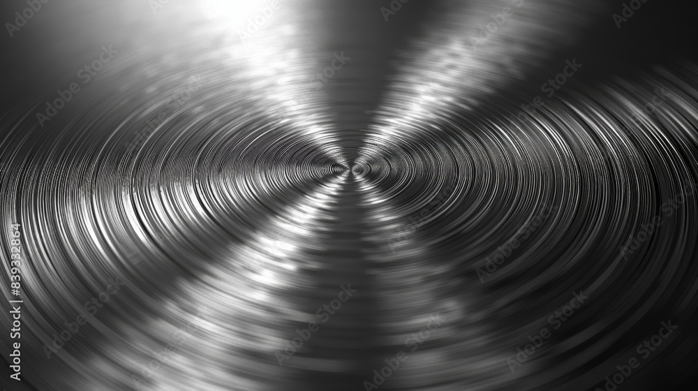 Poster close-up view of a metallic surface with concentric circular grooves, creating a textured, industria