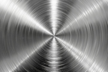 Close-up of a polished stainless steel surface with circular patterns creating an abstract, industrial, and futuristic visual effect.