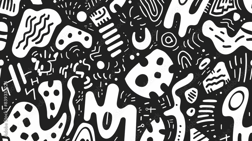 Poster abstract black and white doodle pattern with various shapes and lines.