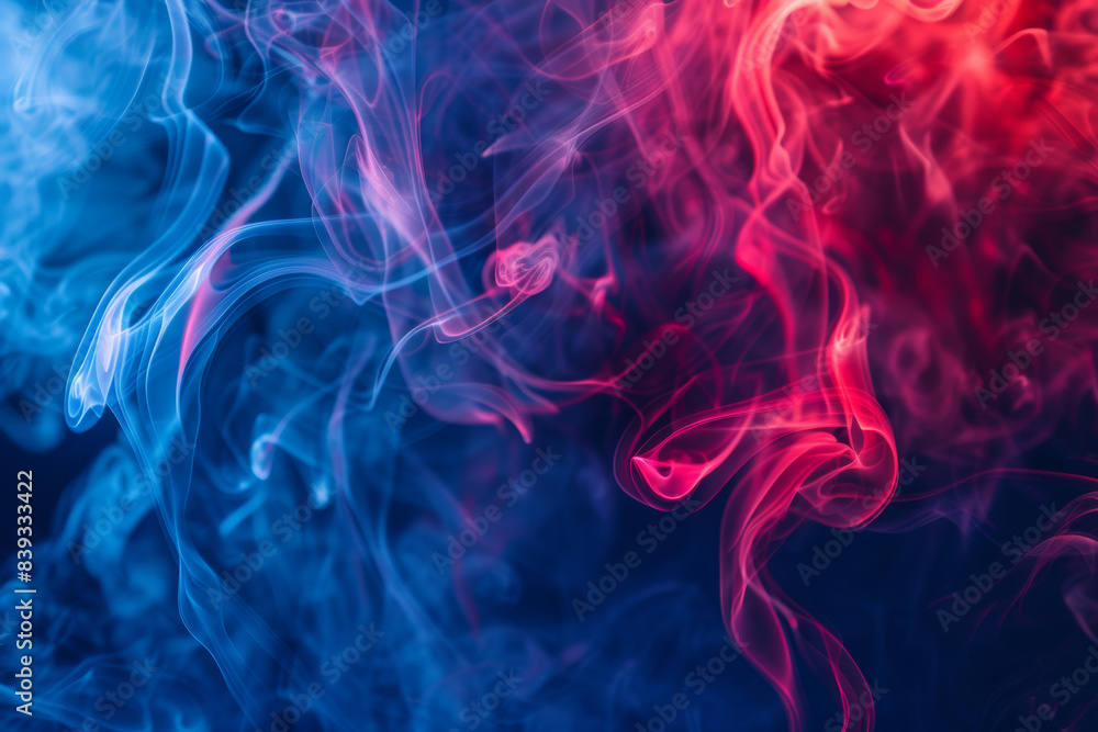 Poster mesmerizing abstract smoke art with vibrant red and blue swirls on a dark background, creating a cap