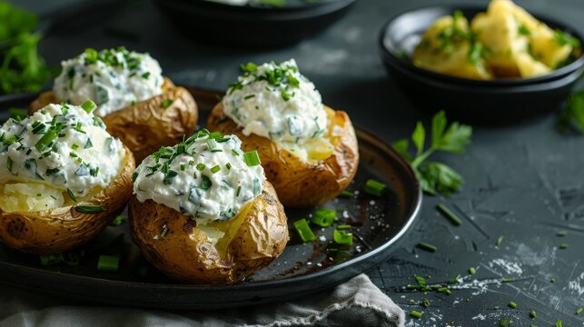 Jacket potatoes with herb quark, food photography, 16:9