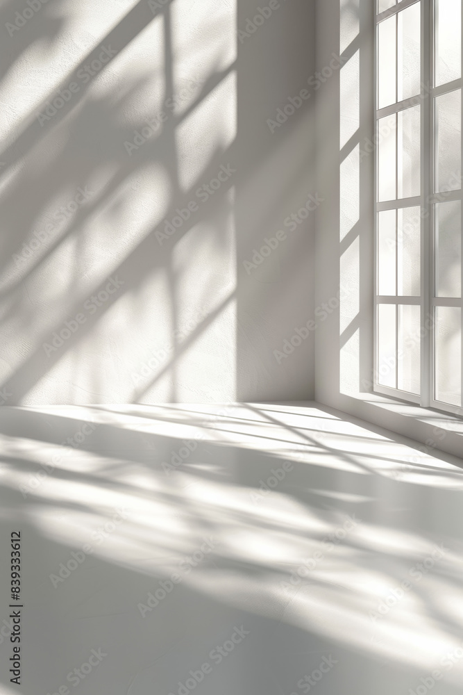 Poster sunlight streaming through large windows casting intricate shadows on a white wall, creating a seren