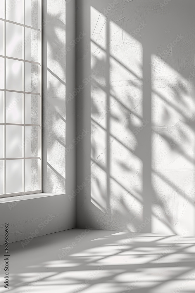 Aufkleber minimalist white room corner with sunlight and window shadows creating geometric patterns on the wal