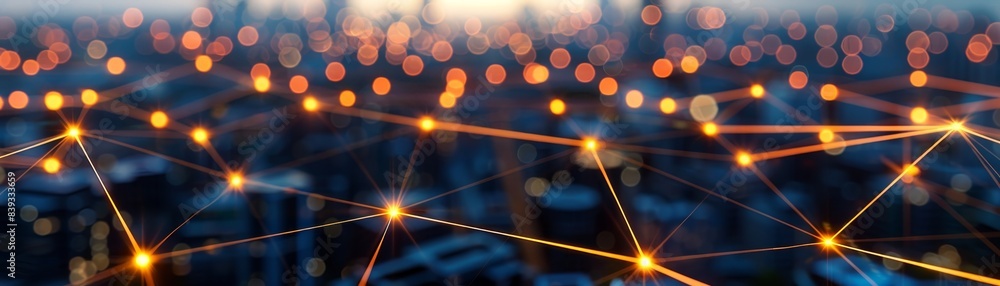 Poster abstract network connection with glowing lights and blurred cityscape background