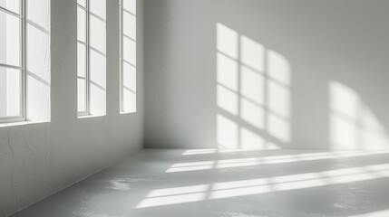 Fototapeta premium Bright and minimalist empty room with large windows casting natural light and shadows on white walls and floor, creating a serene and clean ambiance.