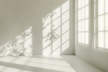 Soft sunlight casts intricate leaf shadows through large windows, creating a minimalist and serene atmosphere within an empty, white-walled room.