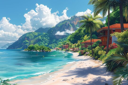 A stunning digital artwork of a luxurious tropical resort with beachfront villas and lush greenery
