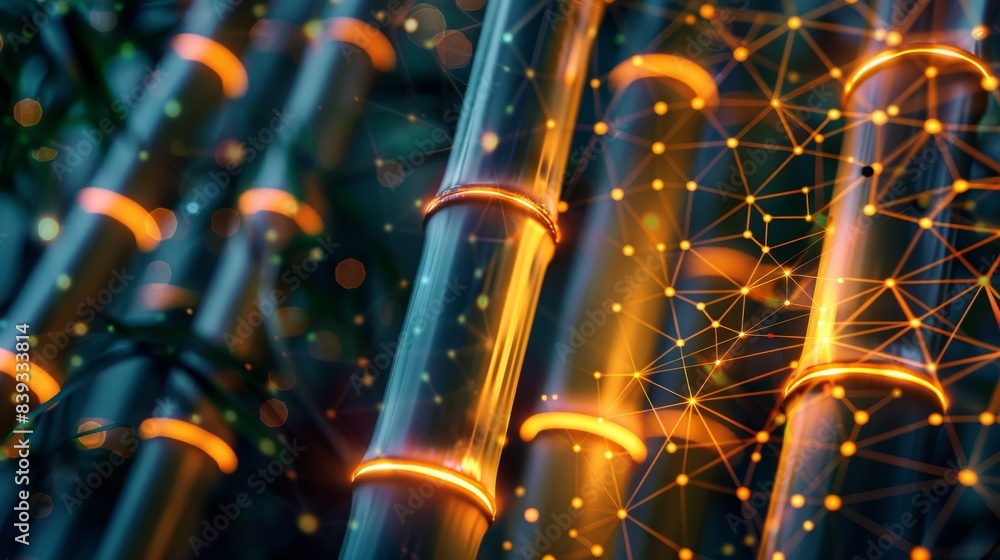Poster glowing bamboo stalks with network connection and bokeh lights in dark background