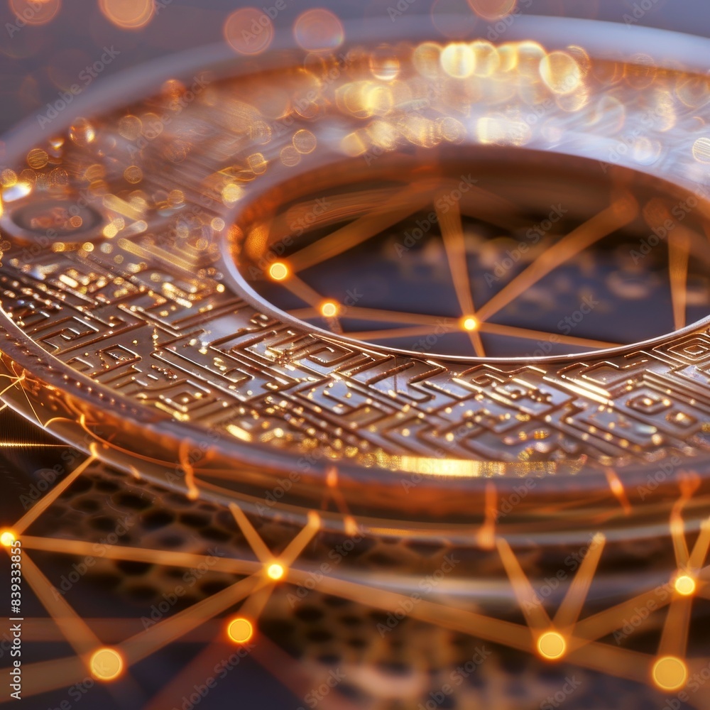 Poster golden abstract background with circuit board and bokeh lights
