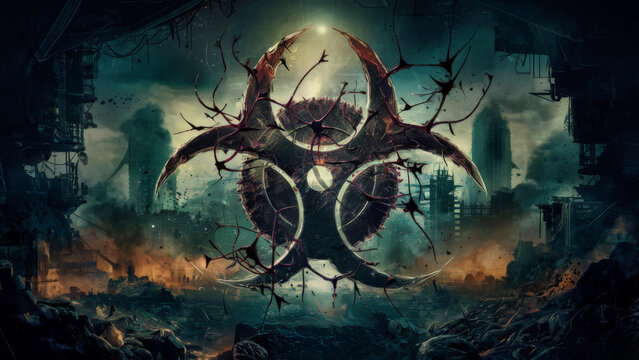 A large biohazard symbol with ruins of a city in the background, AI