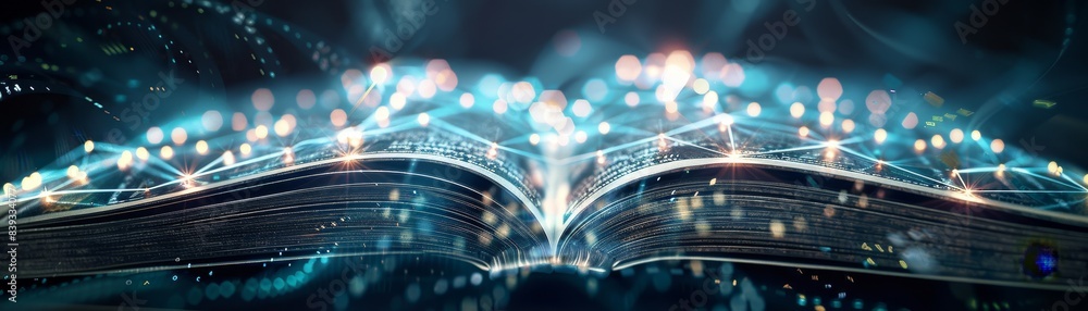 Poster open ancient book with glowing abstract connections and bokeh lights