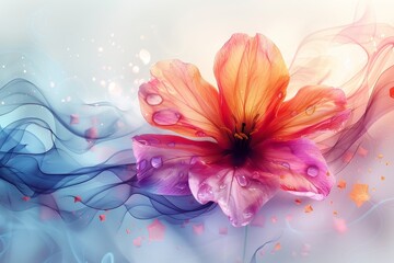 An artistic rendering of a flower with vibrant hues and flowing abstract patterns on a dreamy background