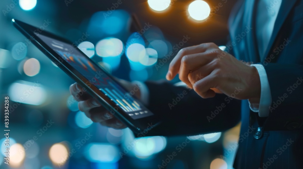 Leinwandbilder a professional in a suit analyzing a business graph on a digital tablet, showcasing data-driven deci