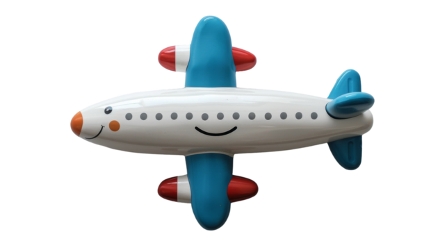 A white and blue toy airplane with a smiling face