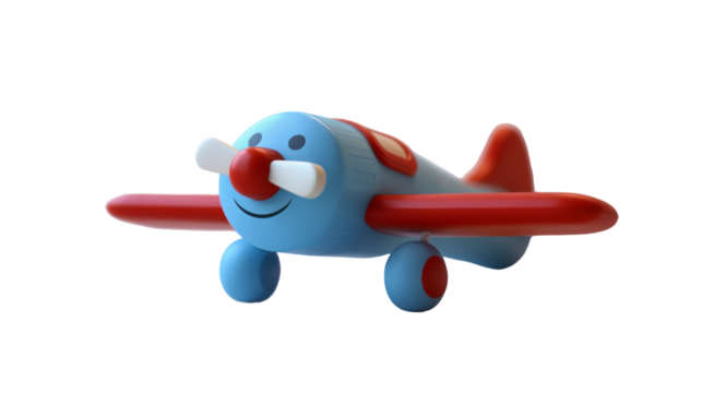 A close-up of a blue and red wooden toy airplane with a smiling face - Powered by Adobe