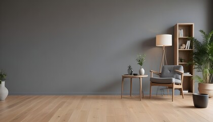 Living room with leather armchair on wood flooring and dark Gray wall. 3D render