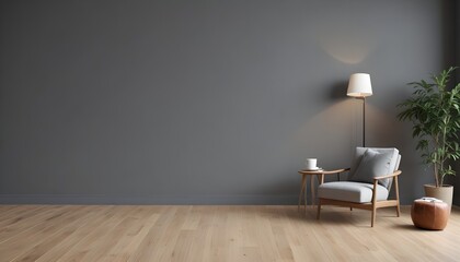 Living room with leather armchair on wood flooring and dark Gray wall. 3D render